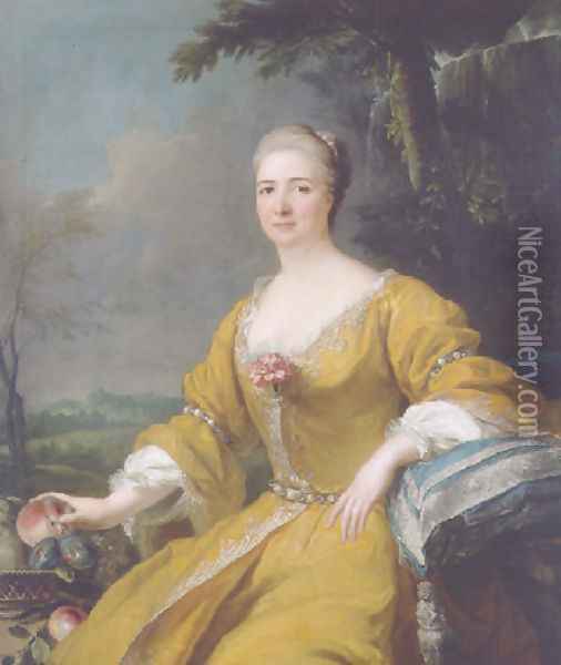 Portrait of the Duchess of Luxembourg, in an embroidered yellow dress, before a fountain, a landscape beyond Oil Painting - Alexis-Simon Belle