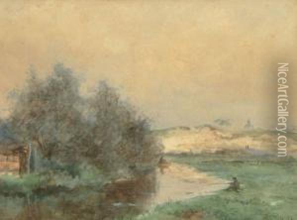 Landschap Met Visser Oil Painting - Willem Cornelis Rip