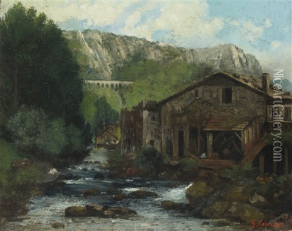 A Mill In A Rocky Landscape Oil Painting - Gustave Courbet
