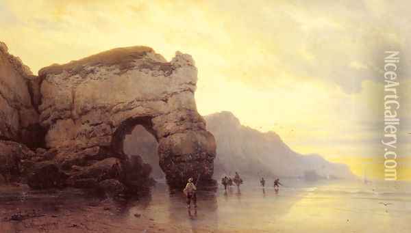 Fisherfolk on a Shore at Sunrise Oil Painting - Carl Joseph Kuwasseg