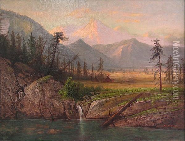 Indian Camp Near Lake With Mountain In Thedistance Oil Painting - Henry Arthur Elkins