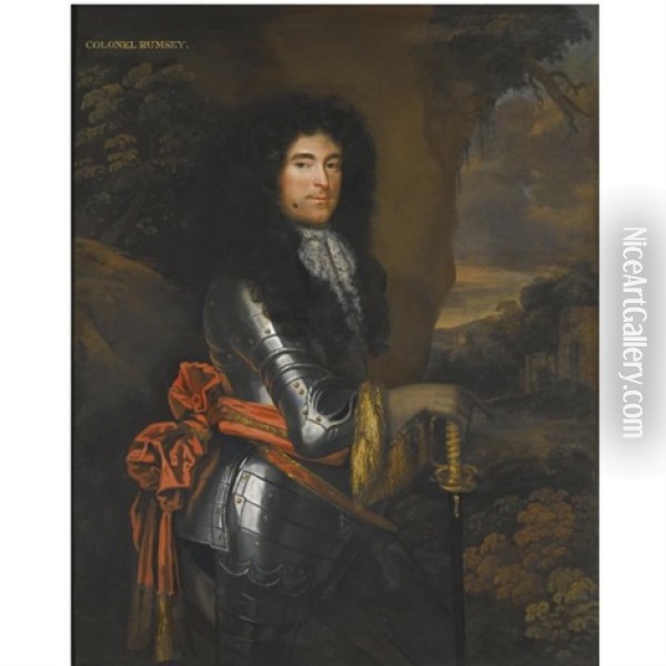 Portrait Of Colonel John Rumsey, Three-quarter Length, Wearing Armour, Standing Before A Landscape Oil Painting - Jacob Huysmans