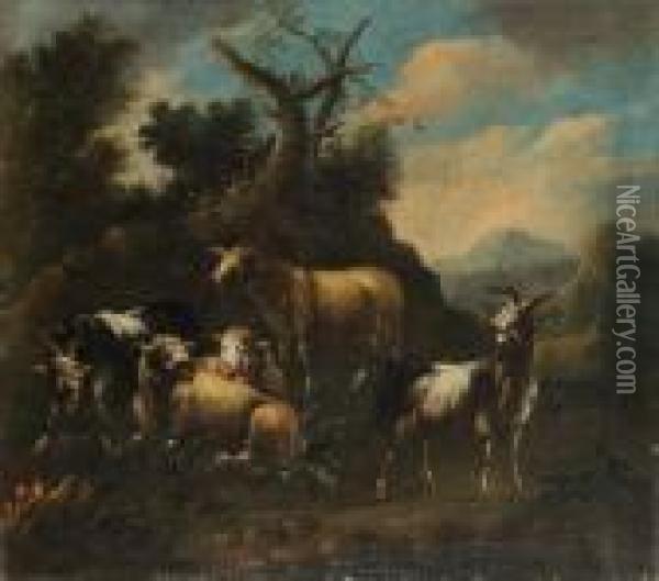 Owce I Kozly W Gorskim Pejzazu, Ok. 1695 Oil Painting - Philipp Peter Roos