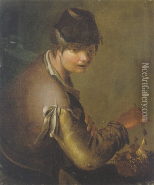 A Peasant Boy Feeding Birds In A Nest Oil Painting - Giacomo Francesco Cipper