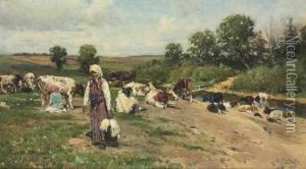 Herd By The River Oil Painting - Vladimir Egorovic Makovsky