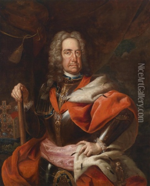Bildnis Kaiser Karl Vi. (1685-1740) Als Feldherr, Neben Ihm Die Reichskrone Oil Painting - Martin van Meytens the Younger