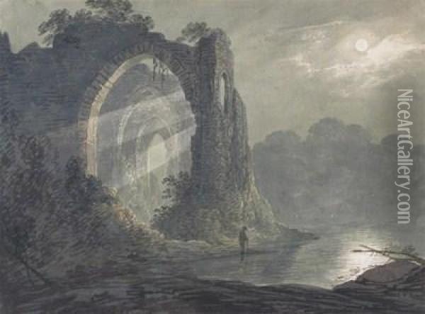A Ruined Castle By Moonlight Oil Painting - William Payne