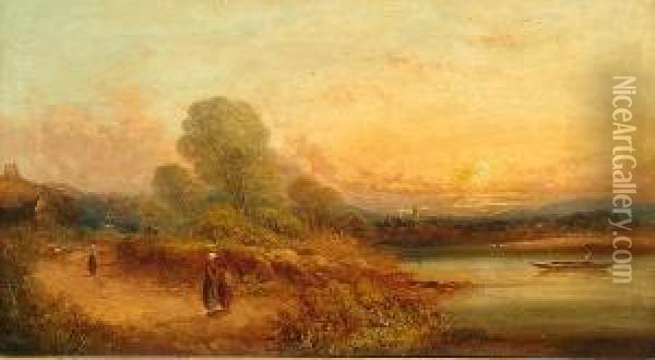 An Extensive River Landscape With Boating; An Extensive River Landscape With A Hay Cart Oil Painting - Ralph I Stubbs