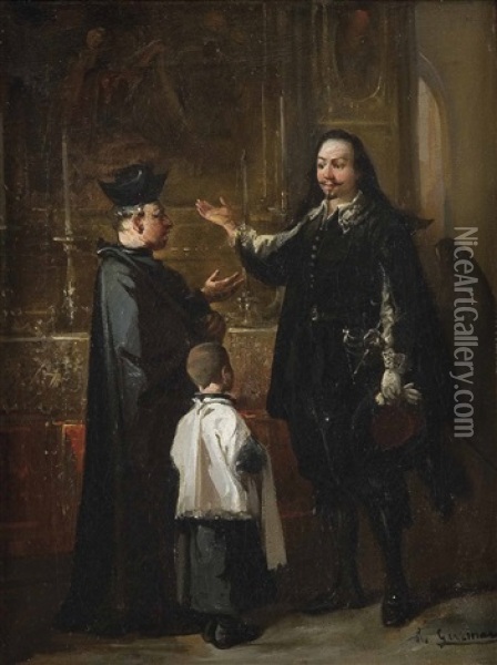 Caballero Ante Un Clerigo Y El Monaguillo Oil Painting - Manuel Rodriguez De Guzman