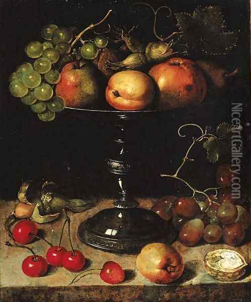 Pears, an apple, an apricot, grapes, almonds and wallnuts on a tazza with grapes, a wallnut, an abricot, cherries and almonds on a stone ledge Oil Painting - Clara Peeters