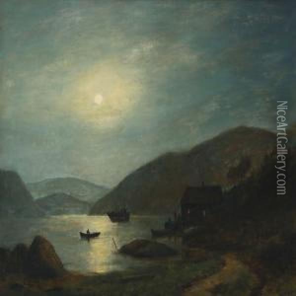 A Coastal Scenery With Ship And Rowing Boat In Moon Light Oil Painting - Georg Emil Libert