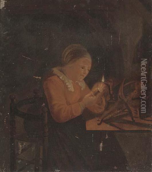 A Lady Sewing By Candlelight Oil Painting - Godfried Schalcken