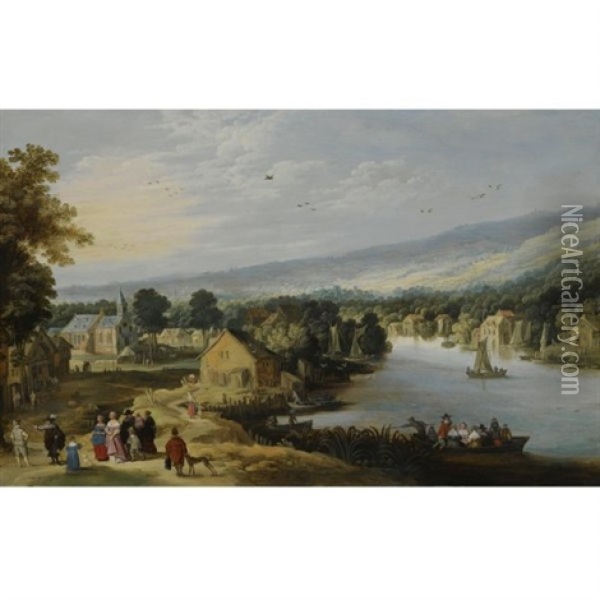 An Extensive Landscape With A Village Near A River, With An Elegant Family On A Path In The Foreground, A Ferryboat And Small Sailing Vessels In The Water, A Church Beyond Oil Painting - Philips de Momper the Younger