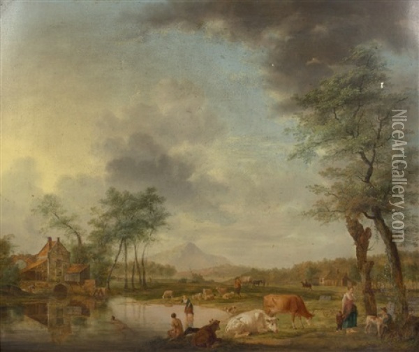 Landscape With Figures, Cattle And Bathers By A Lake Oil Painting - Petrus Johann Van Regemorter