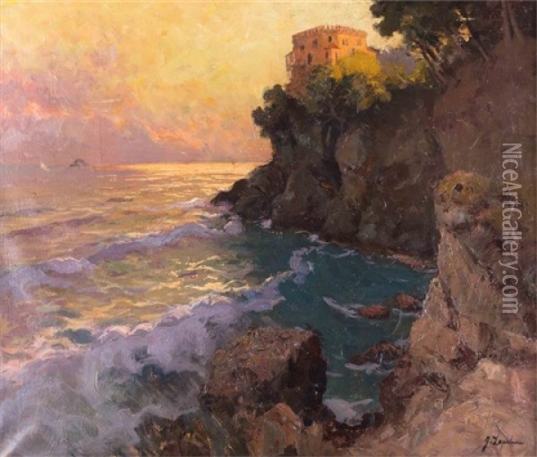 Kustenlandschaft Bei Capri Im Sonnenuntergang Oil Painting - Georgi Alexandrovich Lapchine