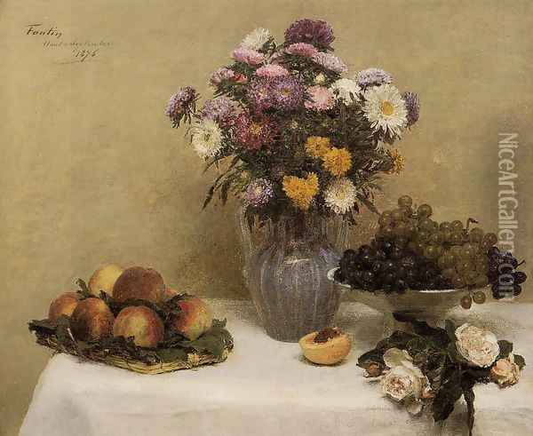 White Roses, Chrysanthemums in a Vase, Peaches and Grapes on a Table with a White Tablecloth Oil Painting - Ignace Henri Jean Fantin-Latour