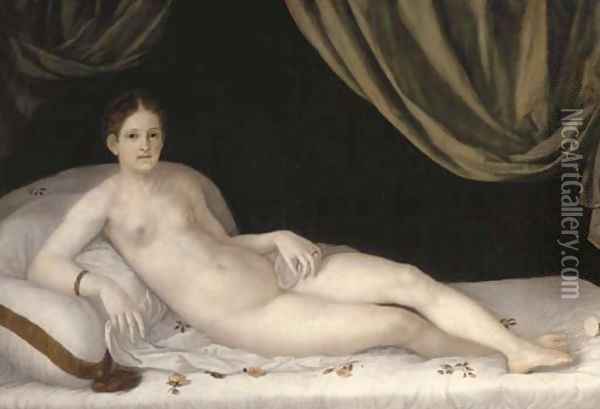 A lady as Venus, reclining on a bed Oil Painting - Tiziano Vecellio (Titian)