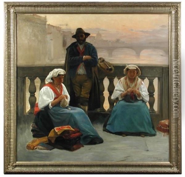 Three Figures On A Bridge Over The River Arno Oil Painting - Patrick William Adam