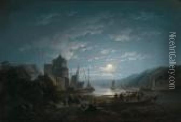 Circle Moonlight Over A Coastal Landscape Oil Painting - Remigius Adriannus van Haanen