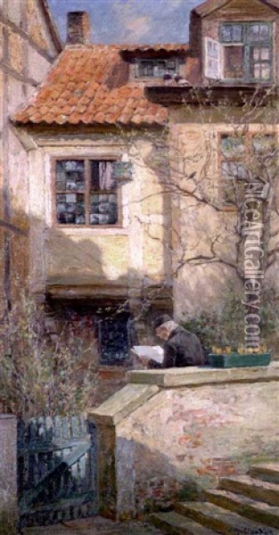 Zeitungslesender Mann Im Umfriedenten Hof Seines Hauses Oil Painting - Wilhelm Ludwig Heinrich Claudius