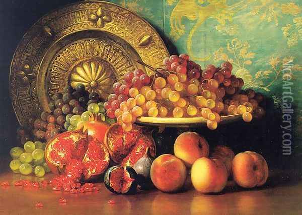 Figs, Pomegranates, Grapes, and Brass Plate 1887 Oil Painting - George Henry Hall