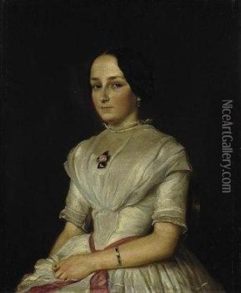 Portrait Of A Young Woman With A
 White Dress. Signed And Dated Lower Left: L. Knaus 1848. Oil On Canvas.
 Relined. 47 X 39cm. Framed. Oil Painting - Ludwig Knaus
