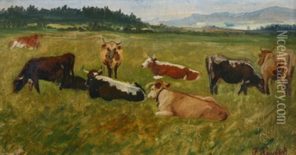 Kuhe Auf Der Weide Mit Blick Auf Die Schwabische Alp Oil Painting - Julius Kornbeck