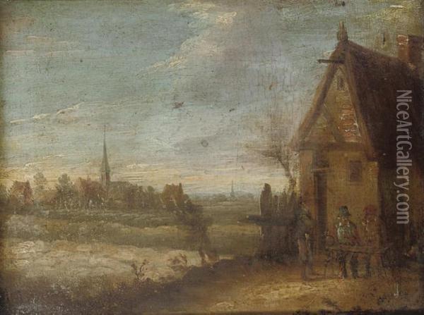 Figures Outside A Cottage, A Village Beyond Oil Painting - David The Younger Teniers