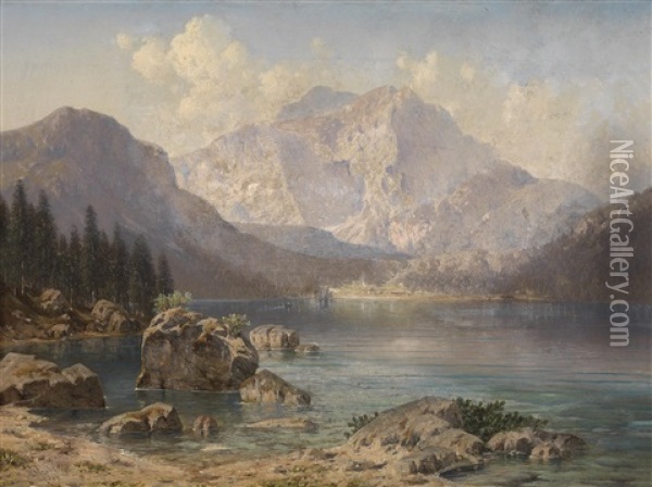 Der Vordere Langbath See Mit Dem Kaiserlichen Jagdhause Oil Painting - Josef von Schloegl