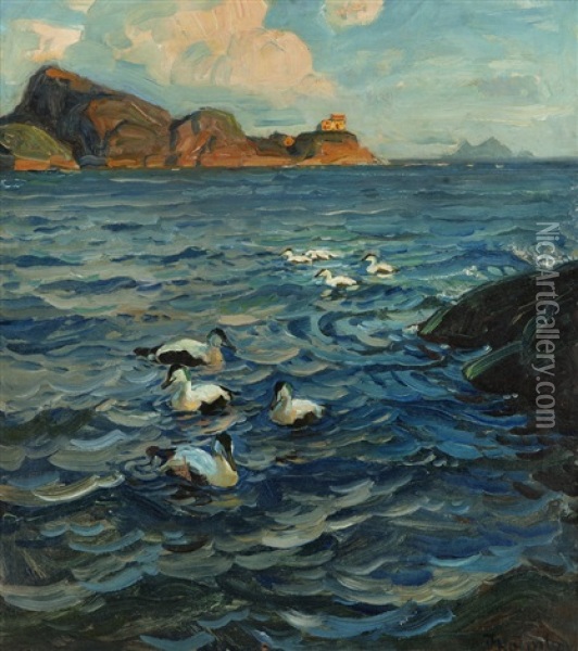 Eiders By Skroven, Reine Lighthouse, Lofoten Oil Painting - Thorolf Holmboe
