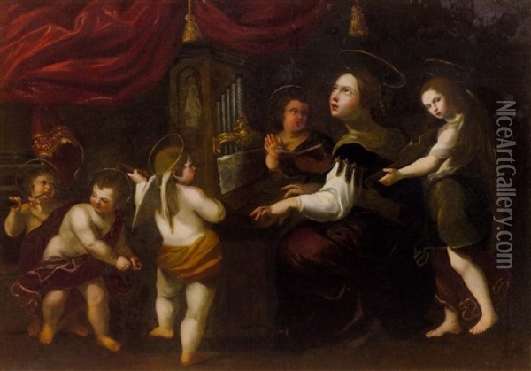 Saint Cecilia Surrounded By Angels Playing Music Oil Painting - Domenico Zampieri (Il Domenichino)