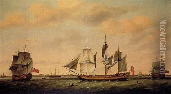 The East Indiaman Nottingham In Three Positions Off Fort St. George, Madras Oil Painting - Francis Holman