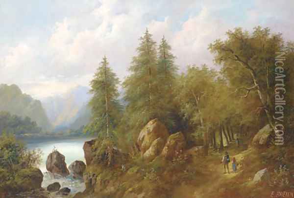 Travellers in a wooded landscape Oil Painting - Eduard Boehm