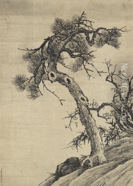 Pine, Bamboo And Prunus Oil Painting - Dong Bangda