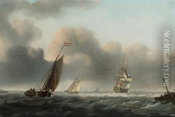 Dutch Barges Running Inshore On A Breezy Day As An English Man-o'war Passes By Oil Painting - William Anderson