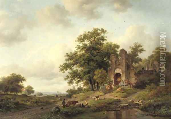 A summer landscape with the ruins of Brederode castle near Haarlem Oil Painting - Frederik Marianus Kruseman
