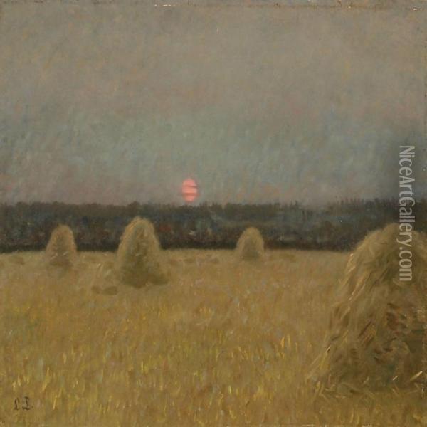 Sunset With Haystackson A Field In Hornbaek, Denmark Oil Painting - Laurits Regner Tuxen