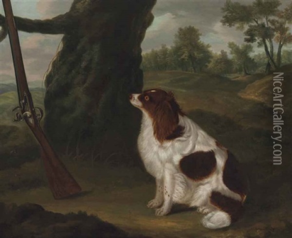 A Spaniel And A Rifle In A Landscape Oil Painting - Francis Sartorius the Younger