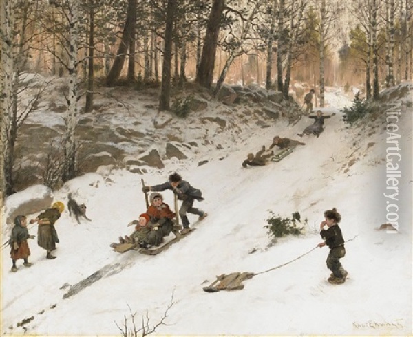 Lekande Barn I Vinterbacke Oil Painting - Knut Ekwall