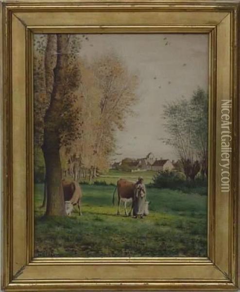 Paysanne Et Ses Vaches Oil Painting - Jean-Francois Millet