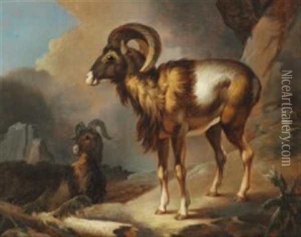 Two Rams On A Rocky Overhang Oil Painting - Christian August Lorentzen