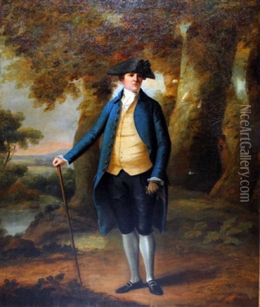 Portrait Of A Gentleman Standing In A Landscape Oil Painting - Thomas Gainsborough