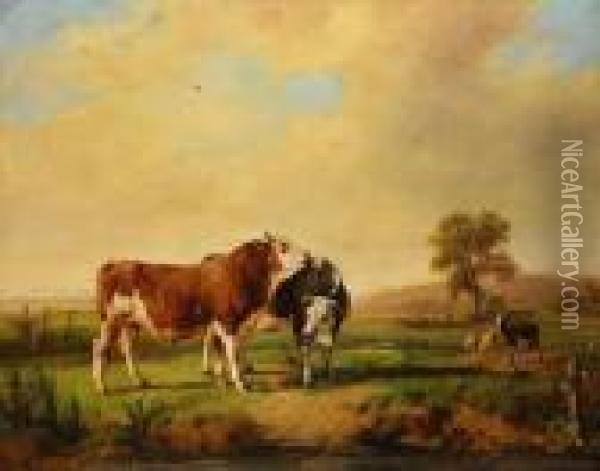 Weidendes Vieh In Bayrischer Alpenlandschaft Oil Painting - Max Joseph Wagenbauer