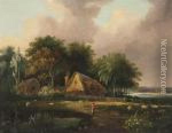 Figure And Sheep Before Woodland Cottages Oil Painting - Alfred Stannard