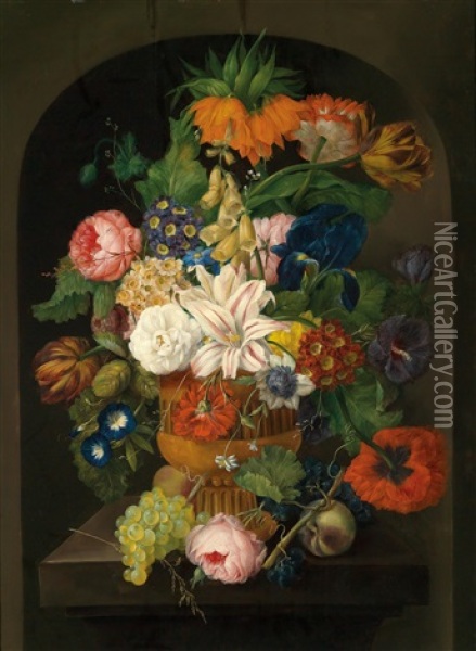 Two Still Lifes Of Flowers With Grapes And A Bird