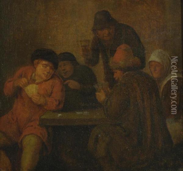 Card Players In An Interior Oil Painting - Adriaen Jansz. Van Ostade