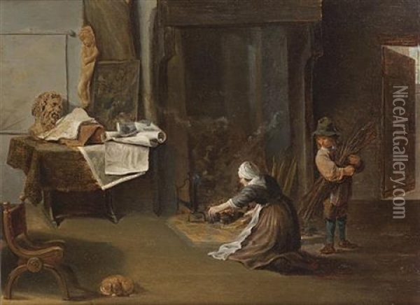 A Maid Stoking A Fire With A Boy Holding Firewood, In An Interior With A Table Laden With Sculpture And Manuscripts Oil Painting - Matheus van Helmont