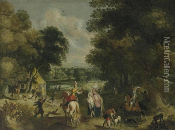 A Landscape With An Elegant Hunting Party Oil Painting - Sebastien Vrancx