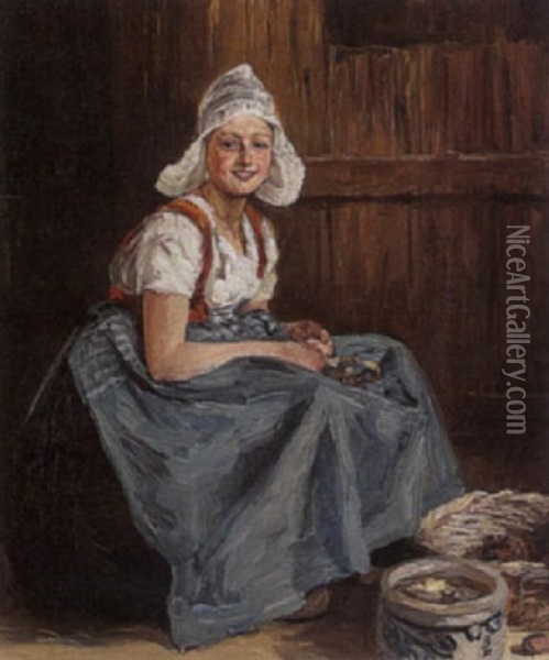 A Girl Peeling Potatoes Oil Painting - Fritz Grotemeyer