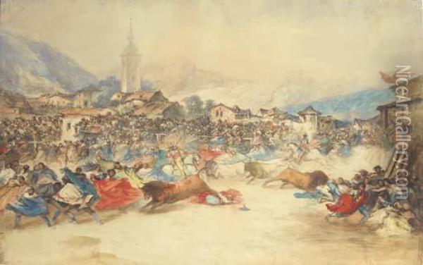 Running The Bulls In The Main Square Of A Spanish Village Oil Painting - Eugenio Lucas Velasquez